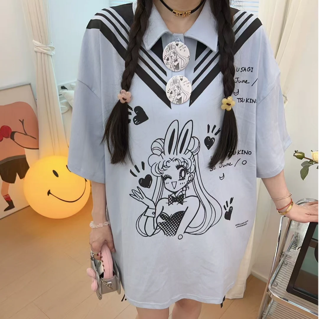 【钱呼呼】清版~原89中长款水兵月印花polo领甜美酷酷长裤T恤女