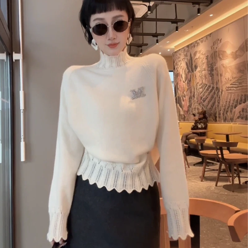 XIAOBAI秋冬季镂空钩花针织衫女时尚半高领羊毛混纺上衣打底衫