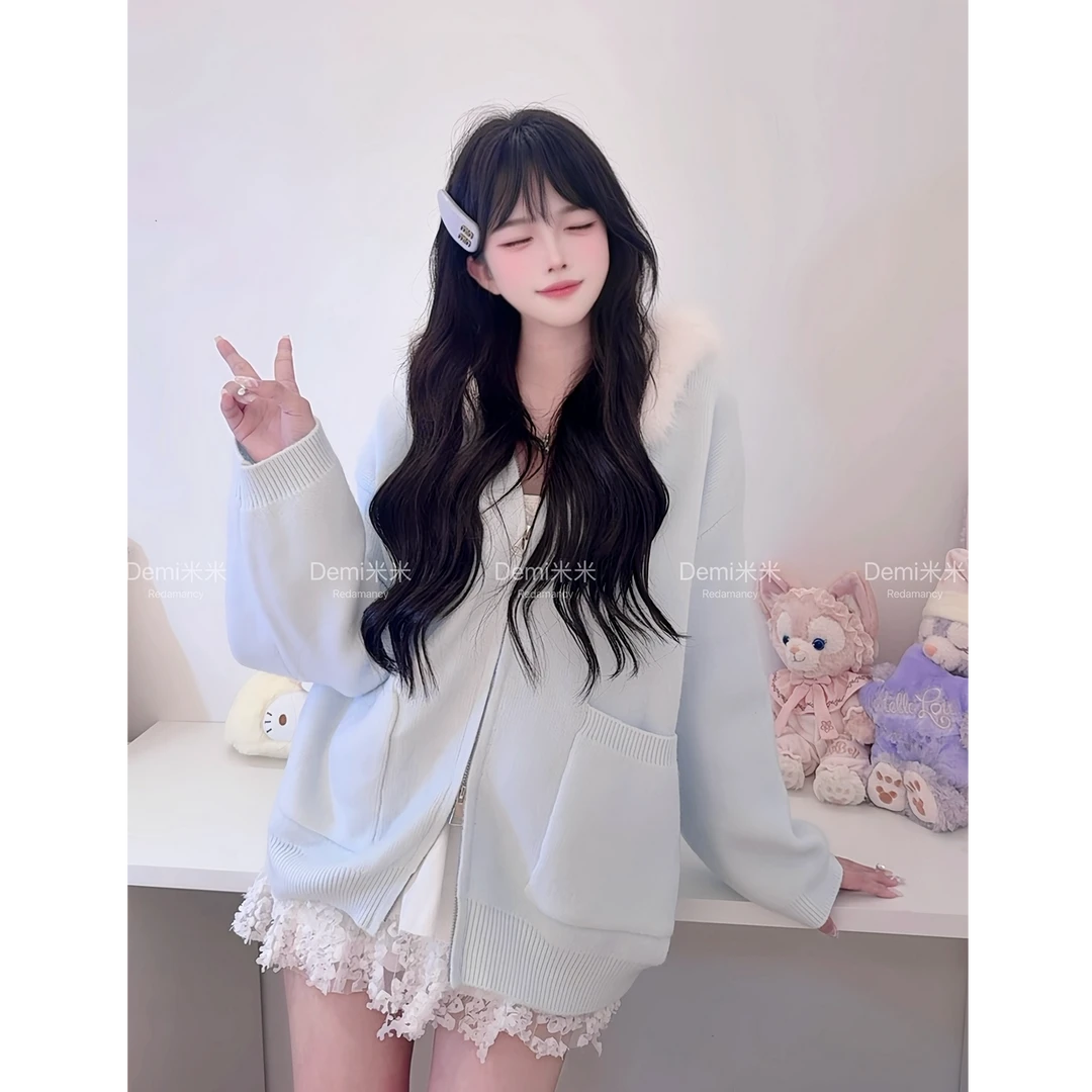 1378时尚宽松秋季设计感连帽毛领针织外套双头拉链小众短款百搭