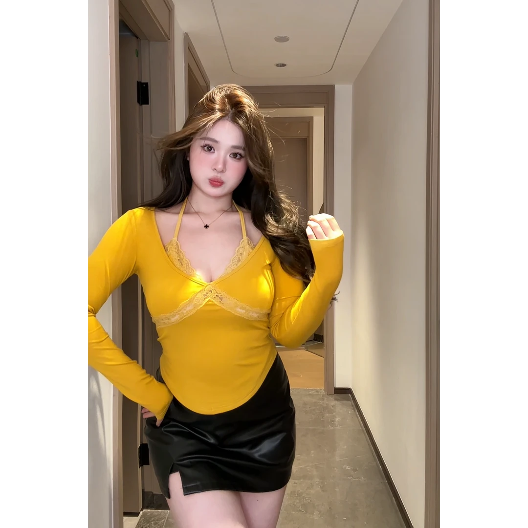 【福利款】胖MM大码纯欲辣妹性感挂脖上衣女春季修身T恤假两件