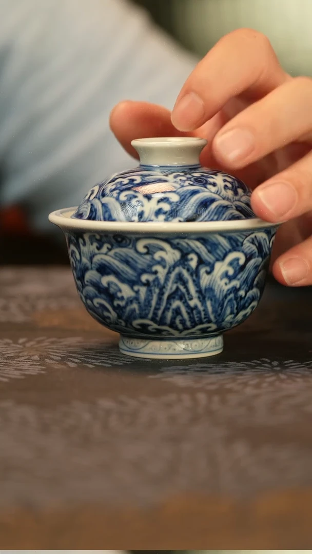 仿明江崖海水元宝盖碗