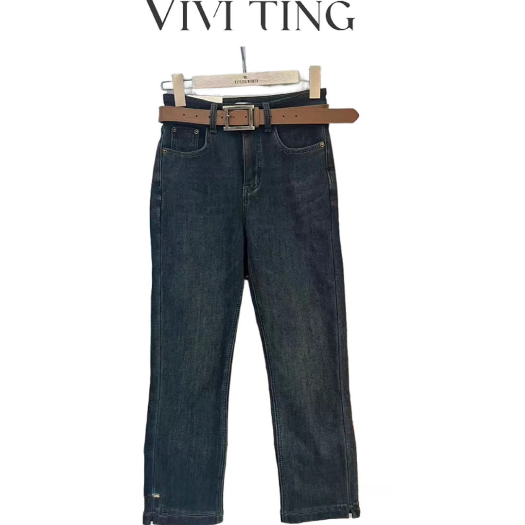 【VIVI·TING】婷姐推荐秋冬韩版腰带下裤脚开叉字母水洗牛仔裤F597