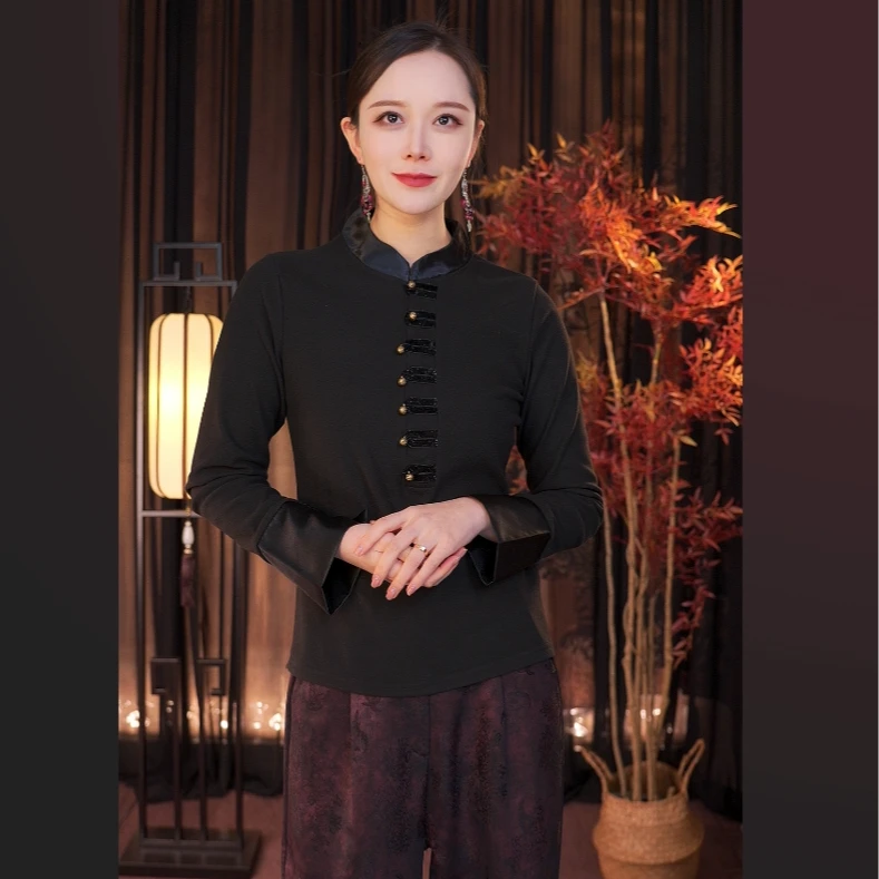 新中式国风立领黑金百搭打底衫早春新款