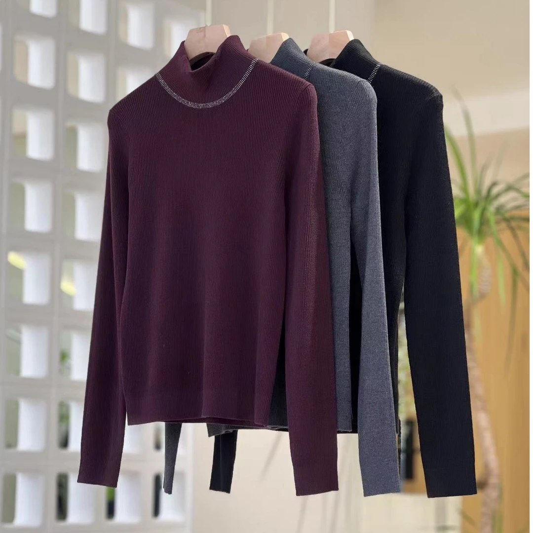 【高定品质打底】精纺绵羊毛 烫钻高领针织衫 7288