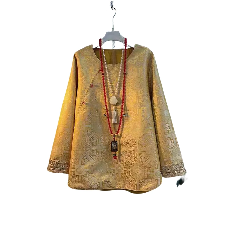 【浮光跃金~81】新中式国风圆领斜襟钉珠重工刺绣复古拼接洋气上衣