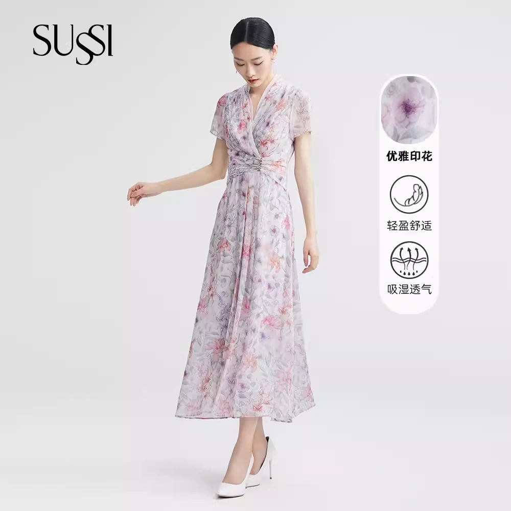 【温柔情调】SUSSI/古色25夏商场同款风信紫印花文艺风收腰连衣裙女