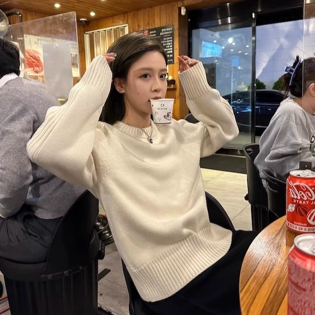韩系圆领套头毛衣女宽松打底2024秋冬新款坑条外穿针织毛衣 9003#