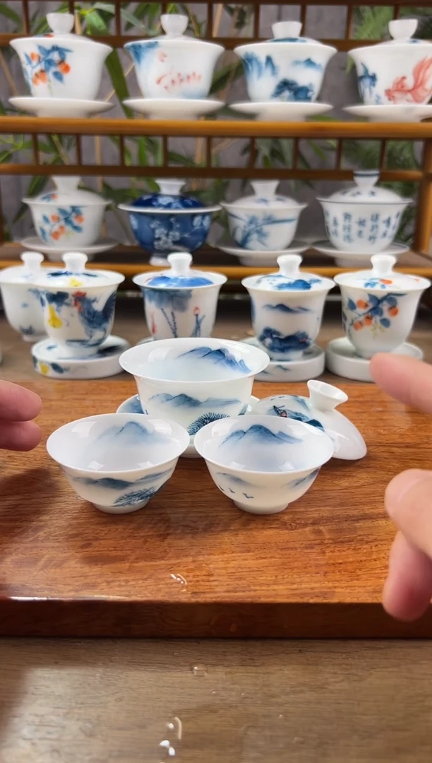 【闪购商品】微瑕千里江山80ml三才盖碗+小玉兰2个