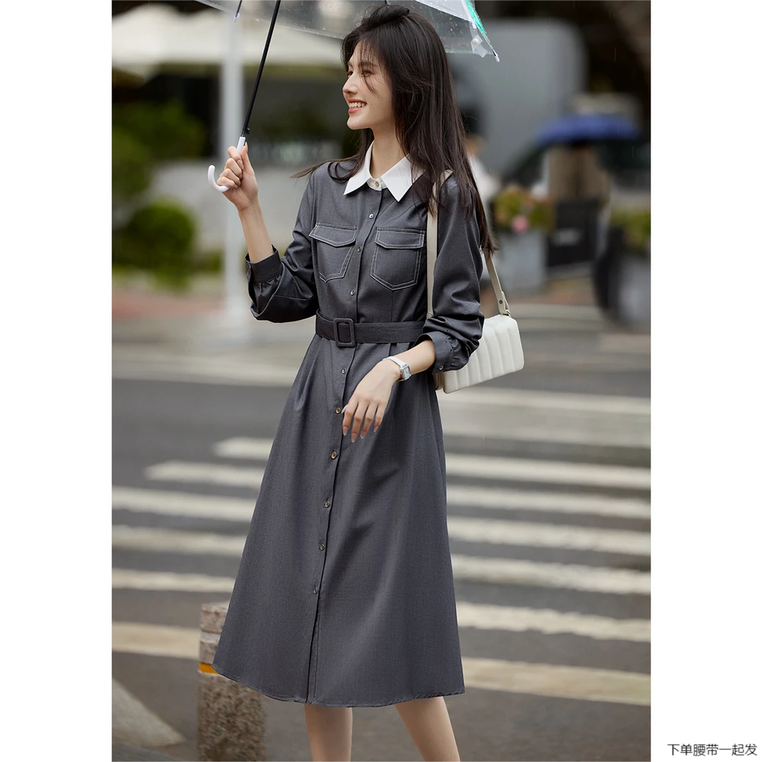 XWI/欣未【直播】格雷系拼色衬衫连衣裙2025年春季气质通勤女装裙