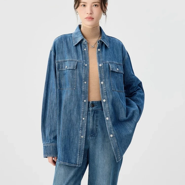 阿玛施AMASS新款女装经典复古丹宁廓形牛仔长袖纯色衬衫5300971