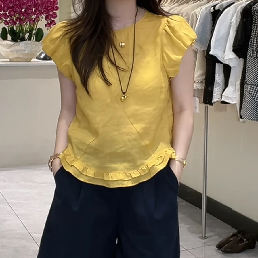 荷叶边下摆韩系减龄短袖上衣女2025夏季新款图案显瘦气质百搭修身