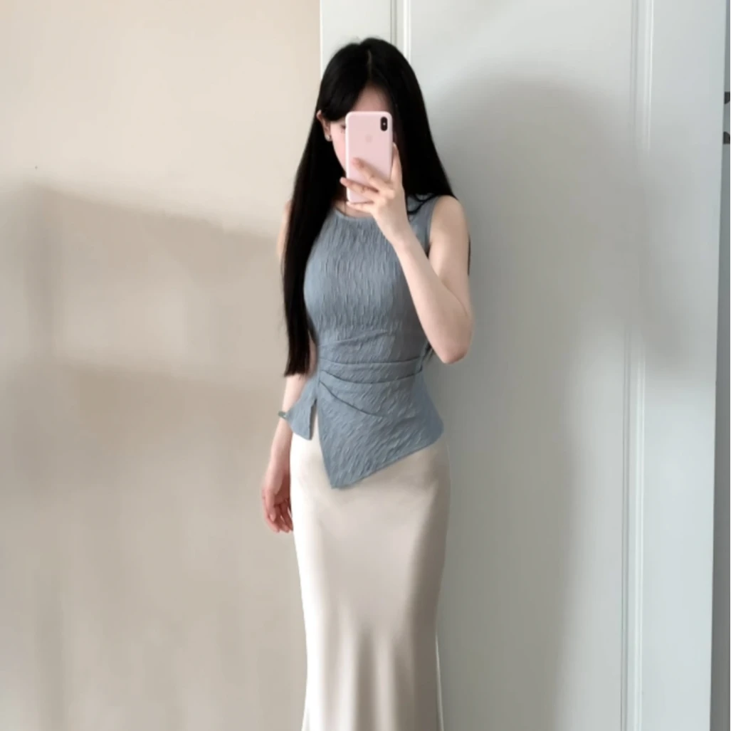 【盛夏邂逅】夏季时尚气质褶皱无袖圆领收腰显瘦背心XY-158