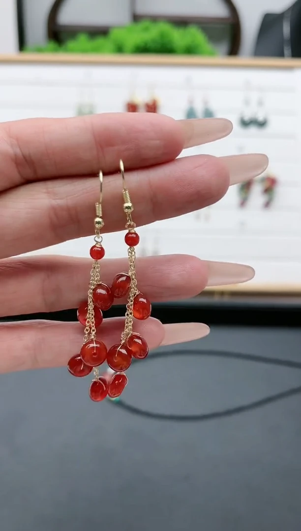 【闪购商品】南红玛瑙耳饰银S925镀金镶嵌1算盘珠红