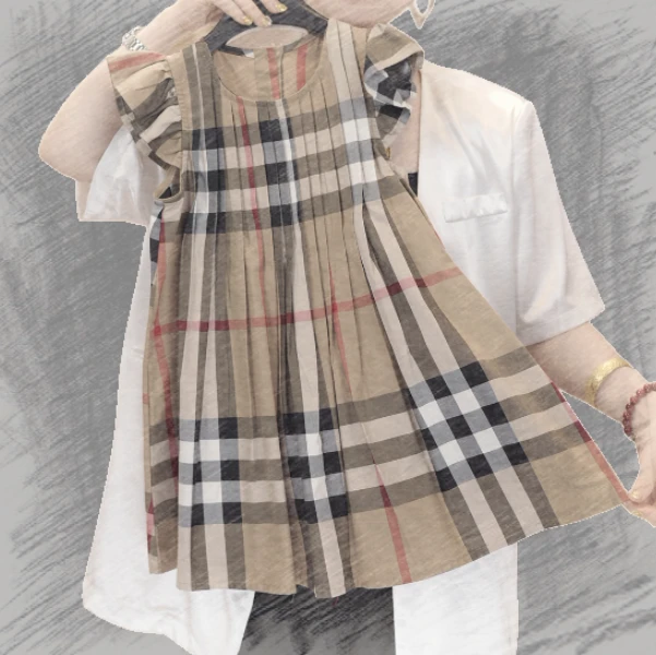 88348女童儿童中大童夏季新款时尚洋气经典格纹半袖打褶连衣裙