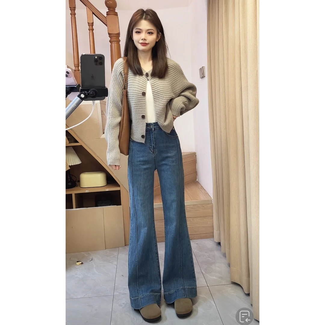 春季高腰阔腿微喇牛仔裤女2025新款宽松显瘦弹力裤子百搭小个子