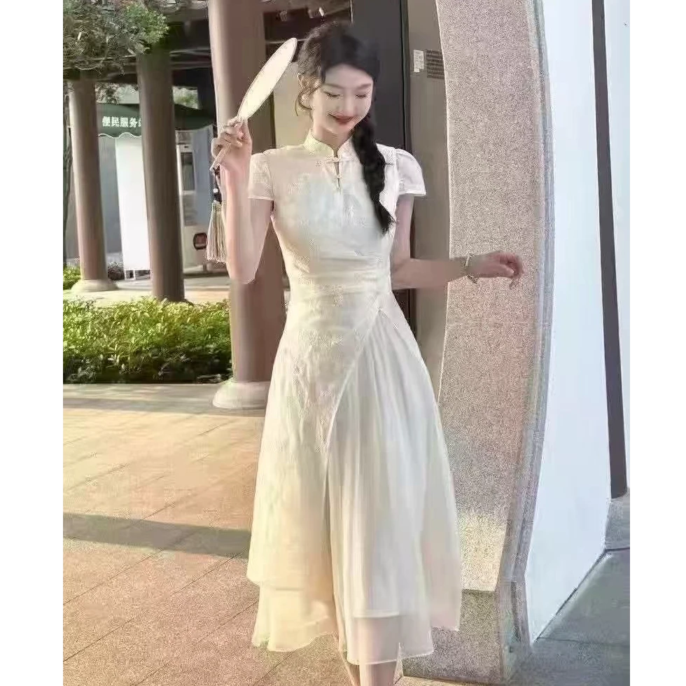 JOANOF【专属W】女装汉服复古显瘦白色修身法式中国风连衣裙A5886