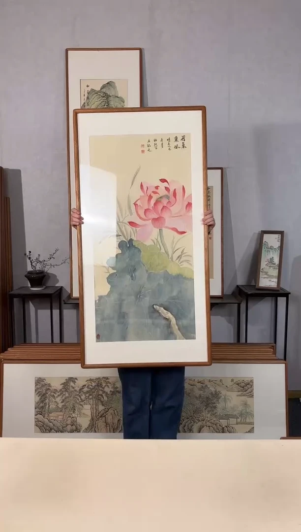 国画手绘*荷气熏风*62*122cm*原木色木框