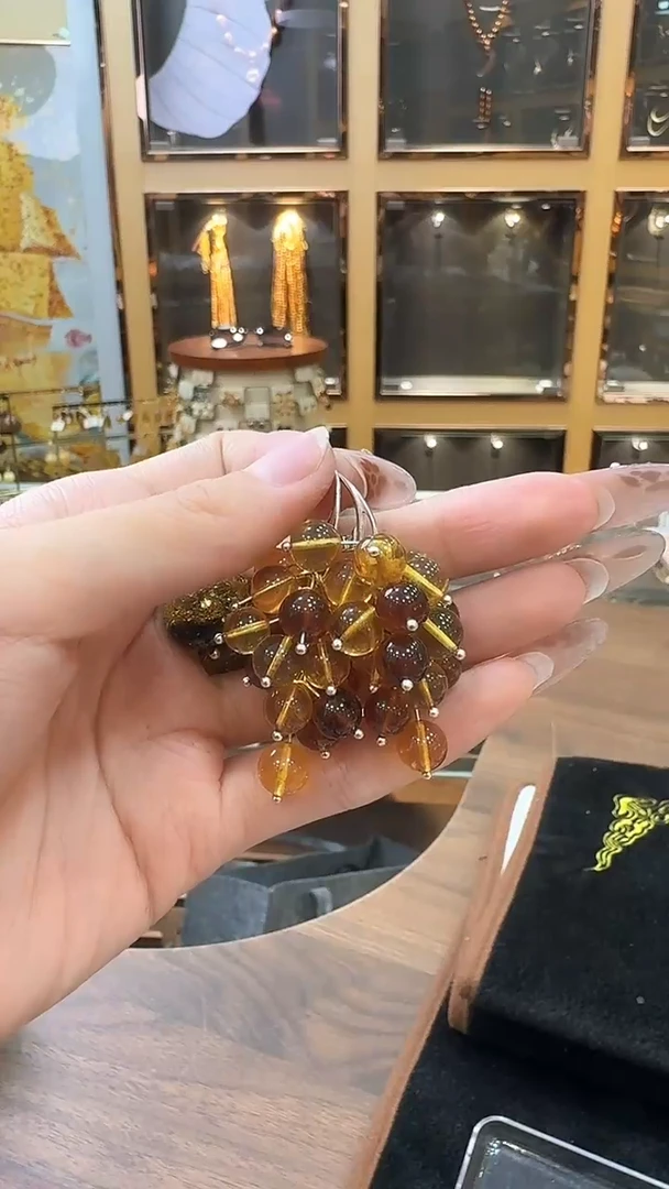 琥珀银S925镶嵌耳饰多珠耳钩