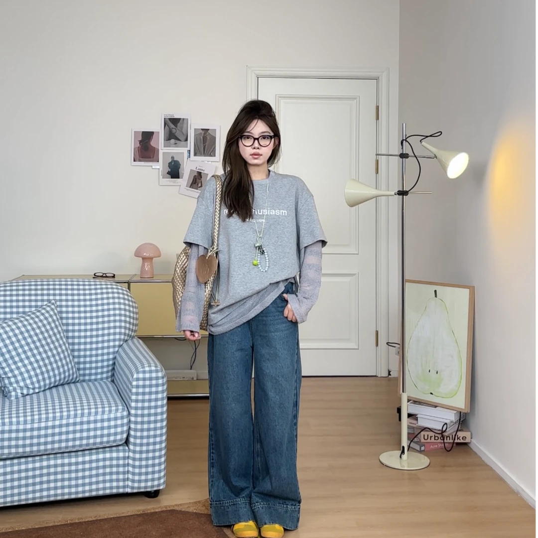 晶咕【漫游】时尚复古百搭圆领设计感宽松休闲假两件上衣