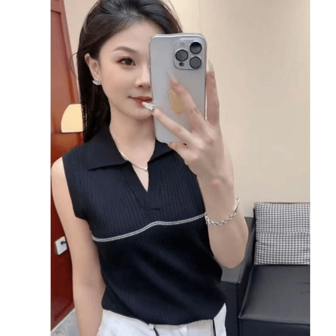 韩系复古条纹polo领冰丝针织背心女夏外穿修身显瘦高级感无袖上衣