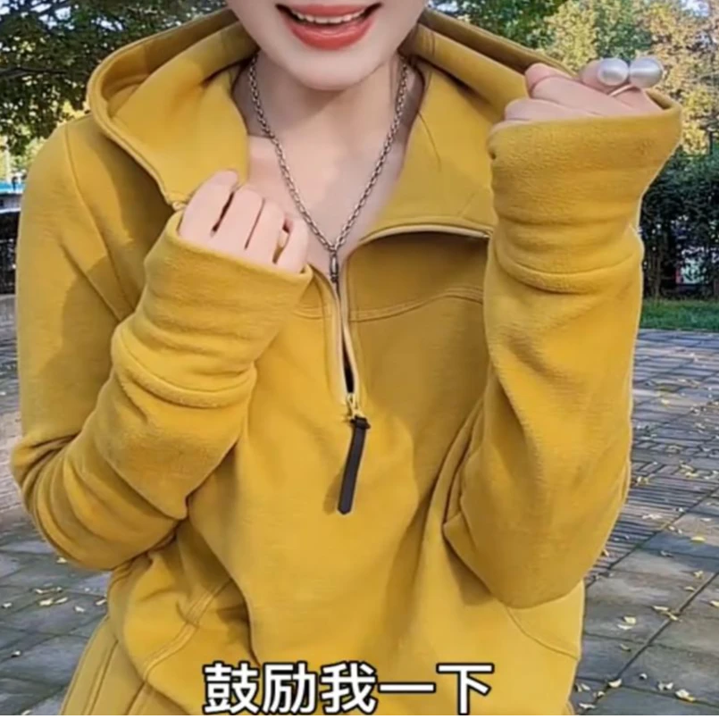 欧货美式半拉链双面德绒卫衣女带帽2024年冬季新款保暖自发热上衣