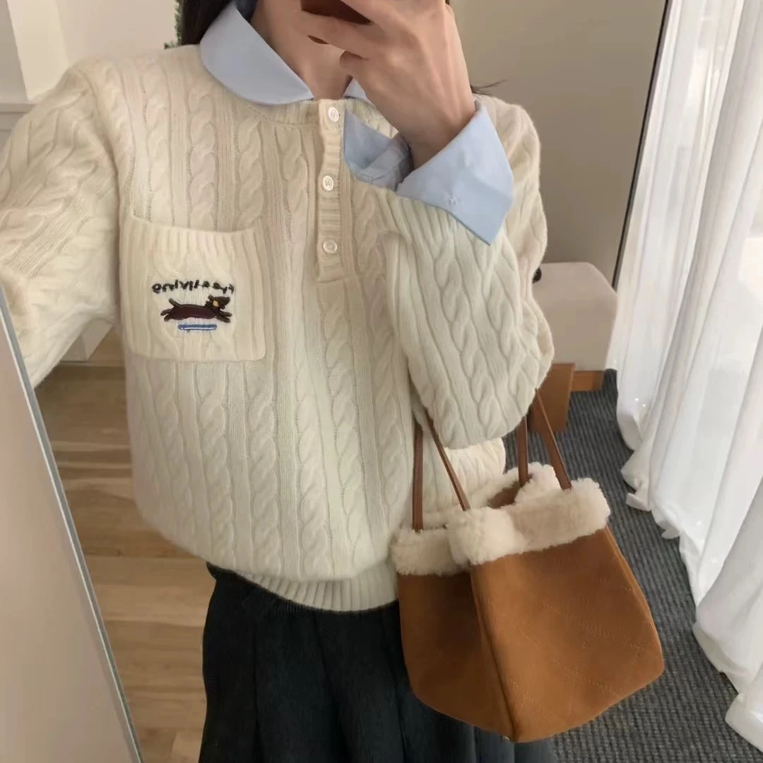 全羊毛刺绣角花衬衫拼接长袖网红针织宽松ins韩版翻领秋冬长袖ins