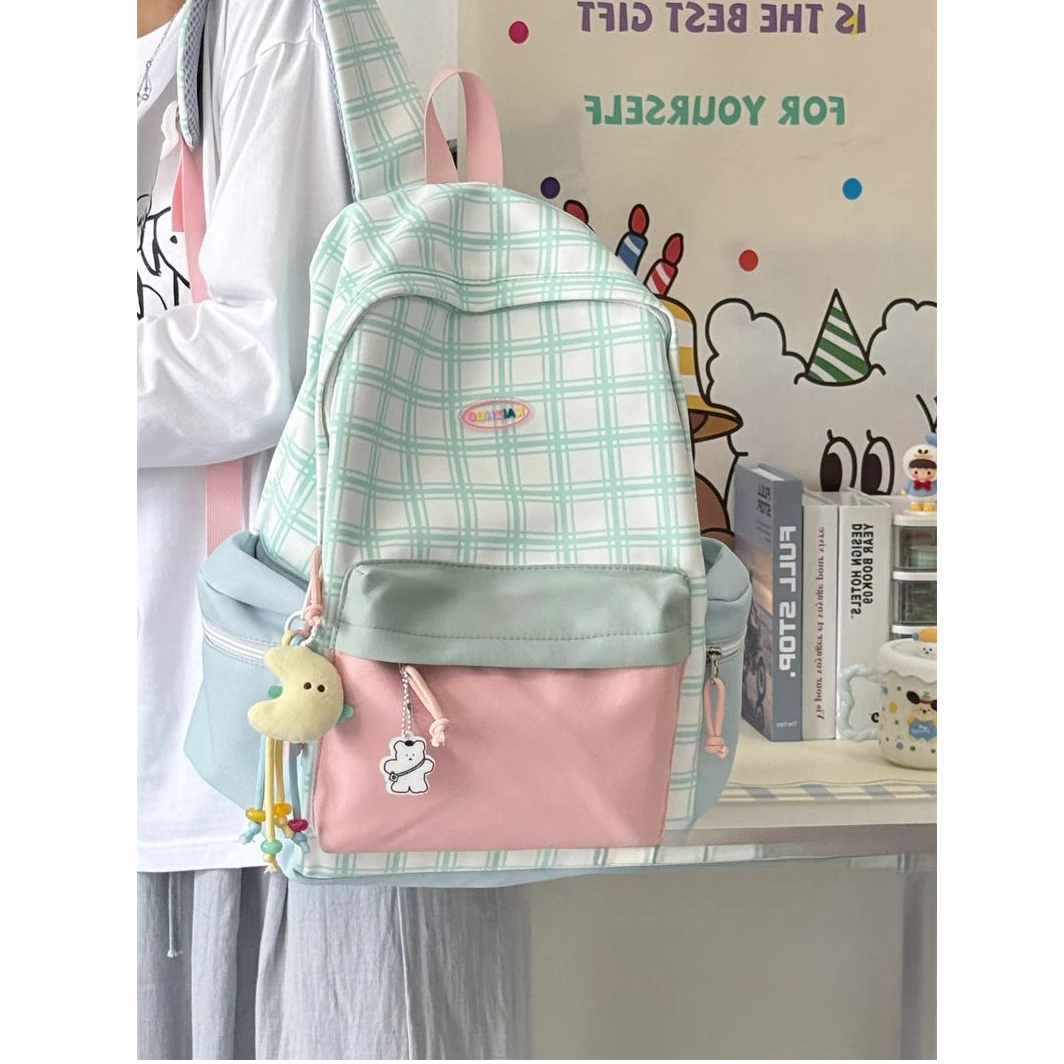 日系小清新少女书包ins学院风可爱双肩包初中学生格子大容量背包