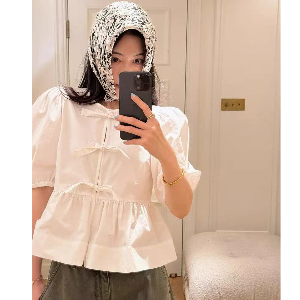 自制法式蝴蝶结系带短袖衬衫女镂空绑带泡泡袖减龄小个子上衣