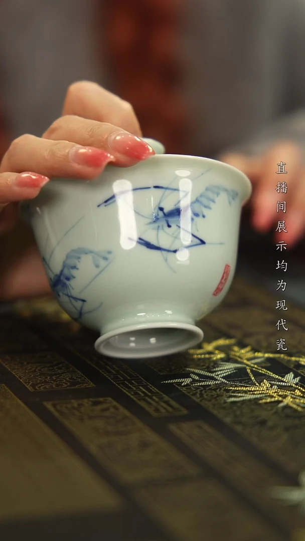 盖碗瓷柴窑虾趣二才盖碗