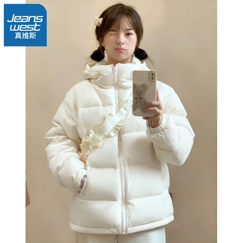 真维斯白色棉服女2026冬季新款连帽面包服百搭休闲上衣女L