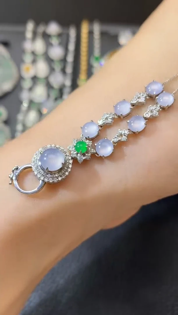 翡翠18K金镶嵌套链D33 紫色有一定色差