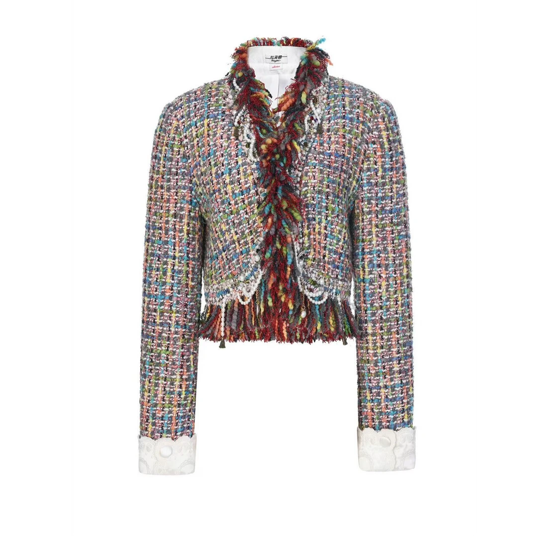 LeFame/拉飞姆2025冬季新款流苏多彩粗花呢短外套LF25D11SC183