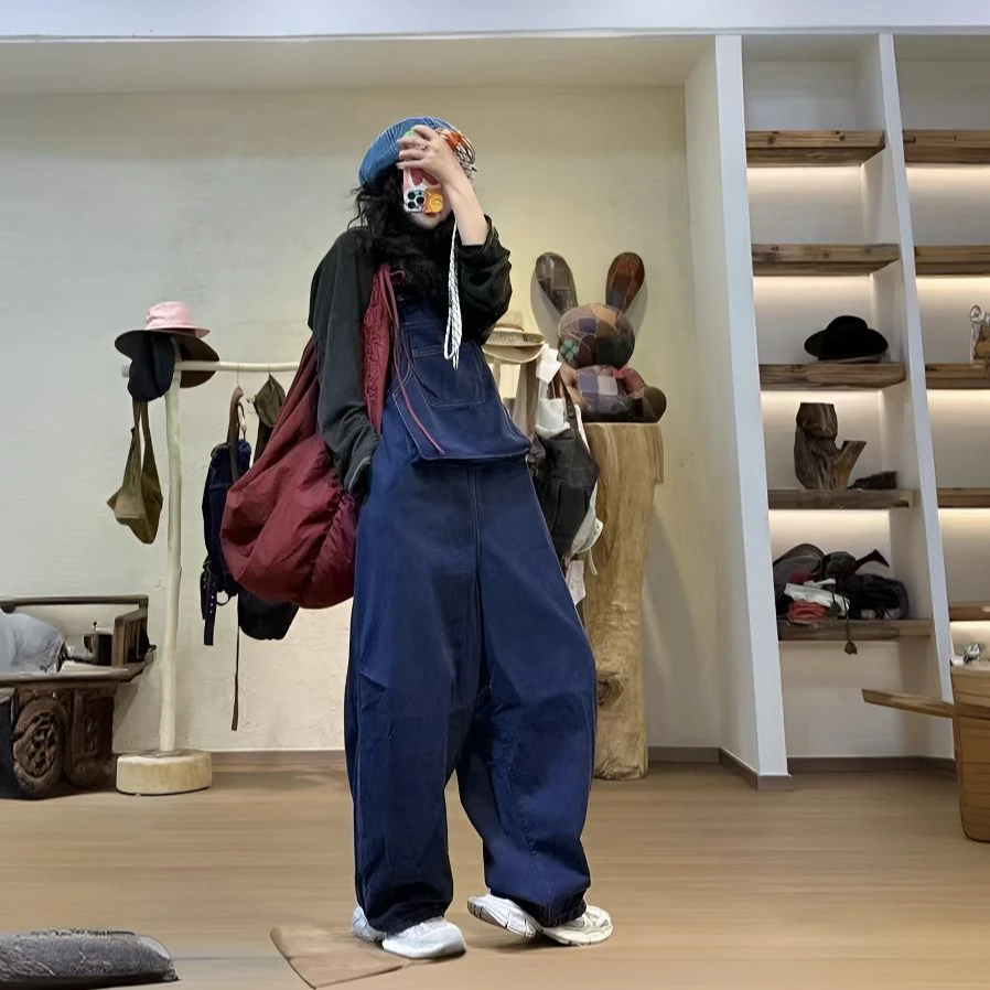 忆古朴拙色织高腰可调节减龄背带裤241105时尚休闲宽松春秋