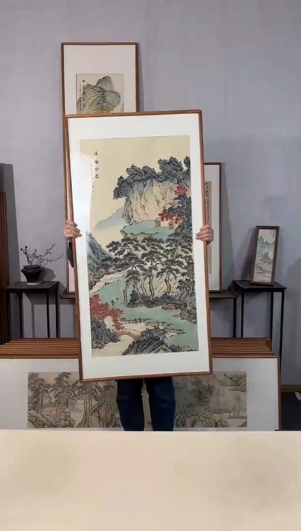 国画手绘*溪桥吟游*62*122cm*原木色木框