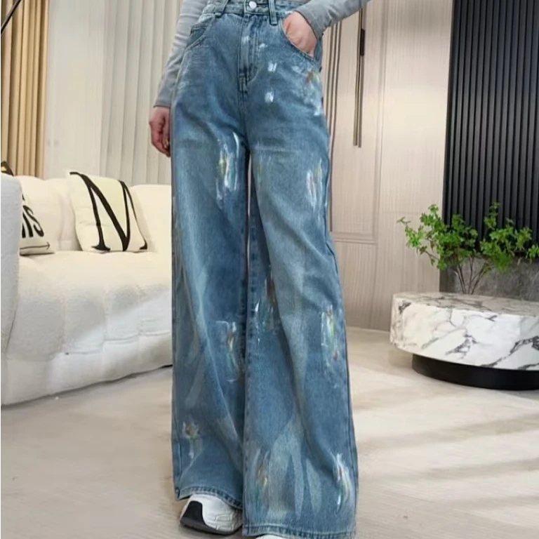 【若楠服饰】个性涂鸦简约高级时髦牛仔裤