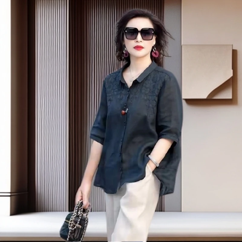 【雅岚女装】时尚洋气显瘦国风复古Polo领棉衬衫夏季新款宽松显瘦