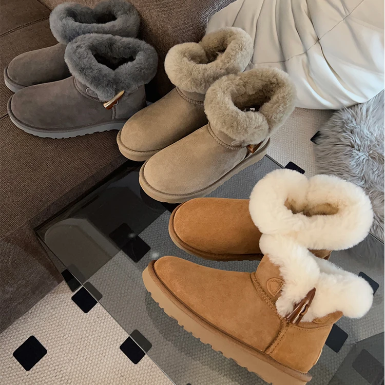 皮毛一体雪地靴女短靴厚底牛角扣女靴子秋冬加绒保暖棉靴软皮棉鞋