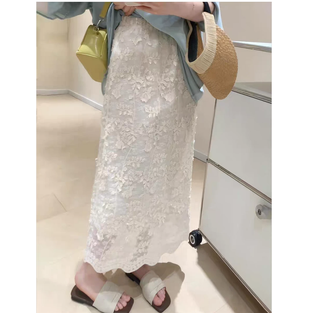 2025早秋季新款白月光裙韩系精致蕾丝半身裙高腰纯色中长款直筒裙