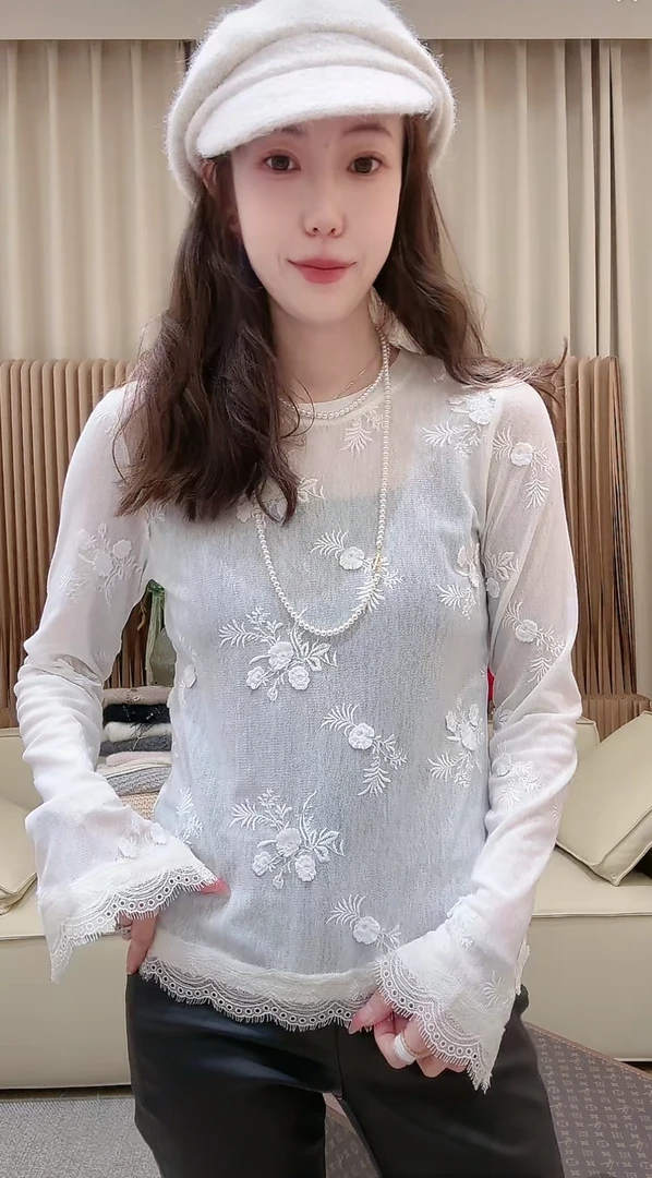 DEDM-DM•STUDIO/精致百搭气质钩花针织长袖蕾丝上衣打底（13618）