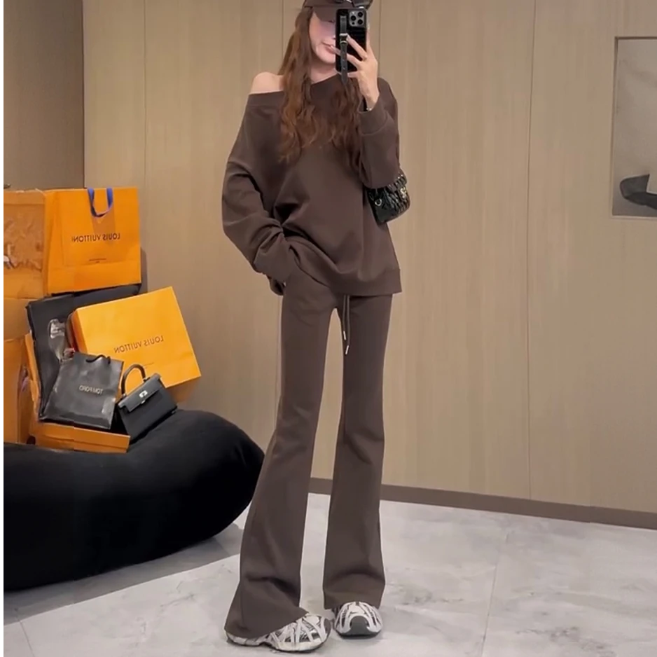 2025春季新款韩版辣妹露肩两件套卫衣高腰新款网红新款潮牌女装