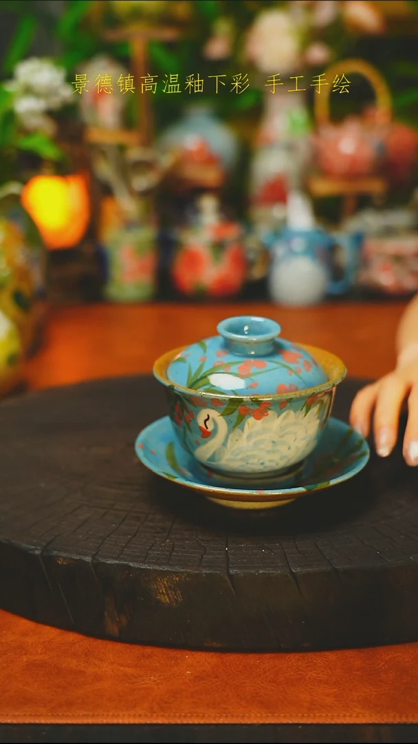 油画风三才盖碗-素简手作924