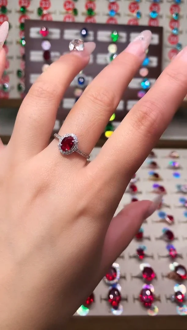 银S925镶嵌戒指红宝石5*7 酒红 银托