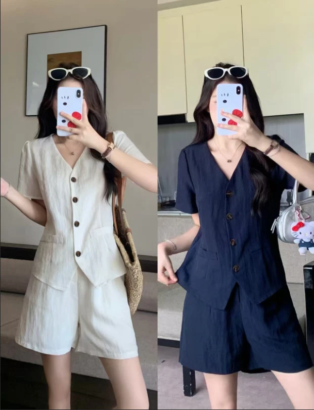 天丝亚麻时尚套装森系2025夏新短袖阔腿短裤套装老钱风松弛感女装