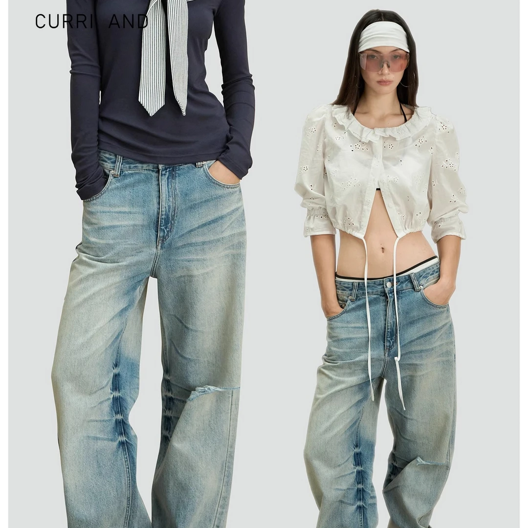 CURRI AND(原Curriges）渐变做旧重工水洗猫须设计破洞牛仔裤女