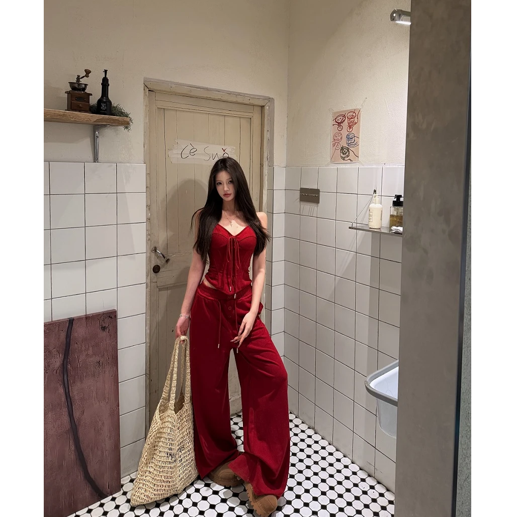 性感辣妹短款鱼骨胸衣吊带女春季新款宽松阔腿裤休闲裤红色两件套