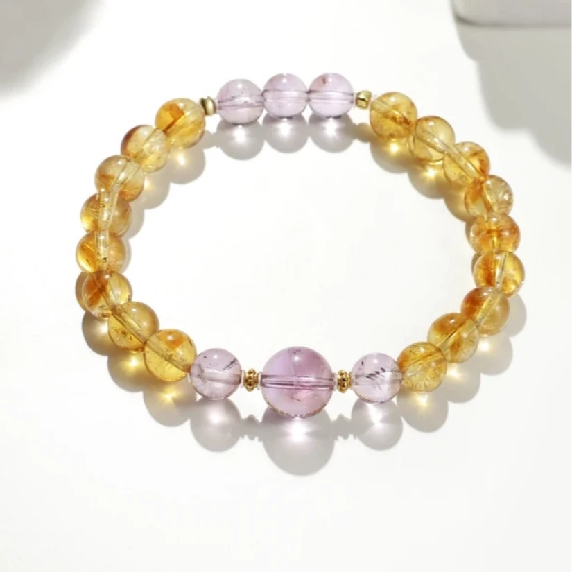 【秋实】天然水晶黄塔晶紫水晶设计款手串