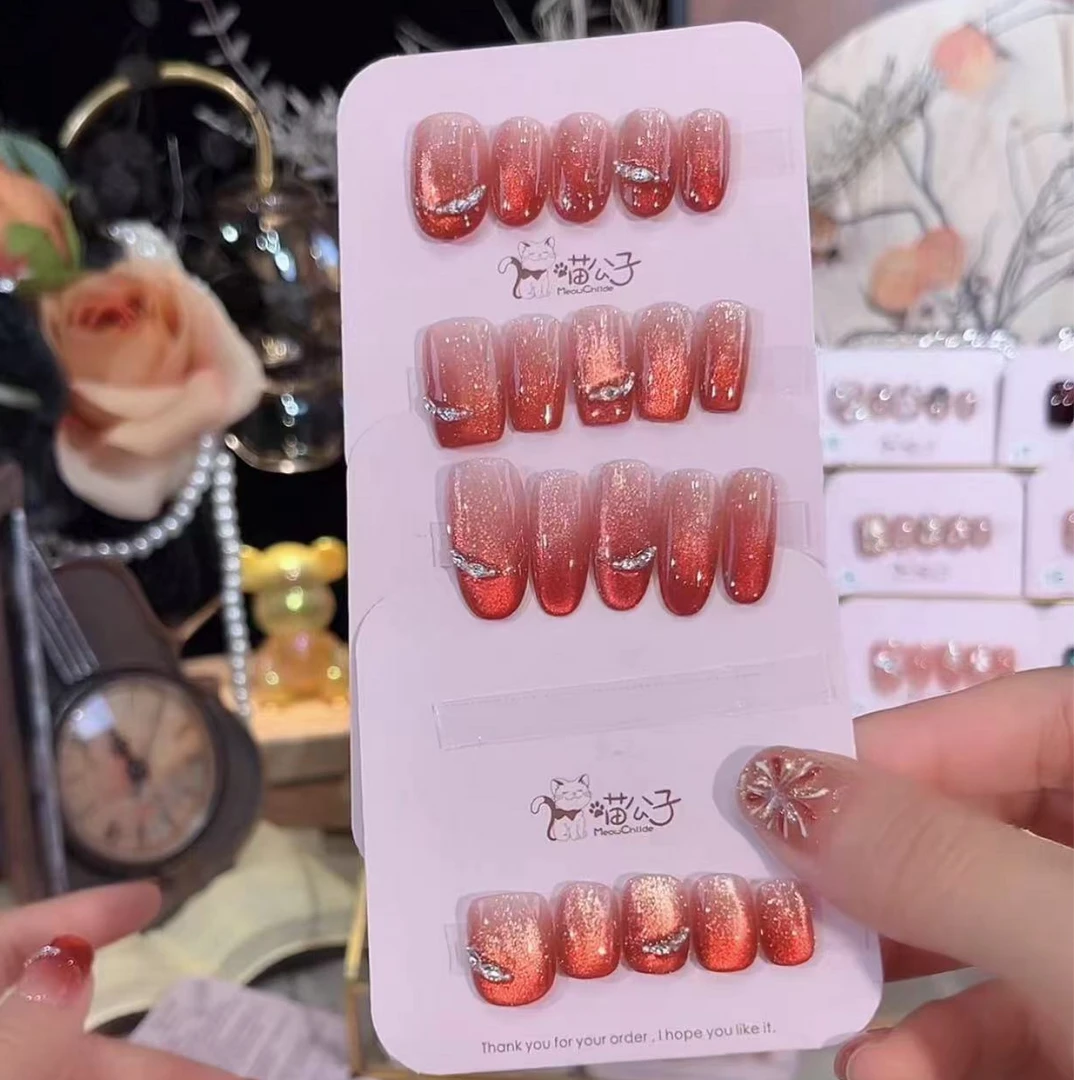 喵公子【赤沙涟漪】纯手工穿戴甲可拆卸美甲光疗甲