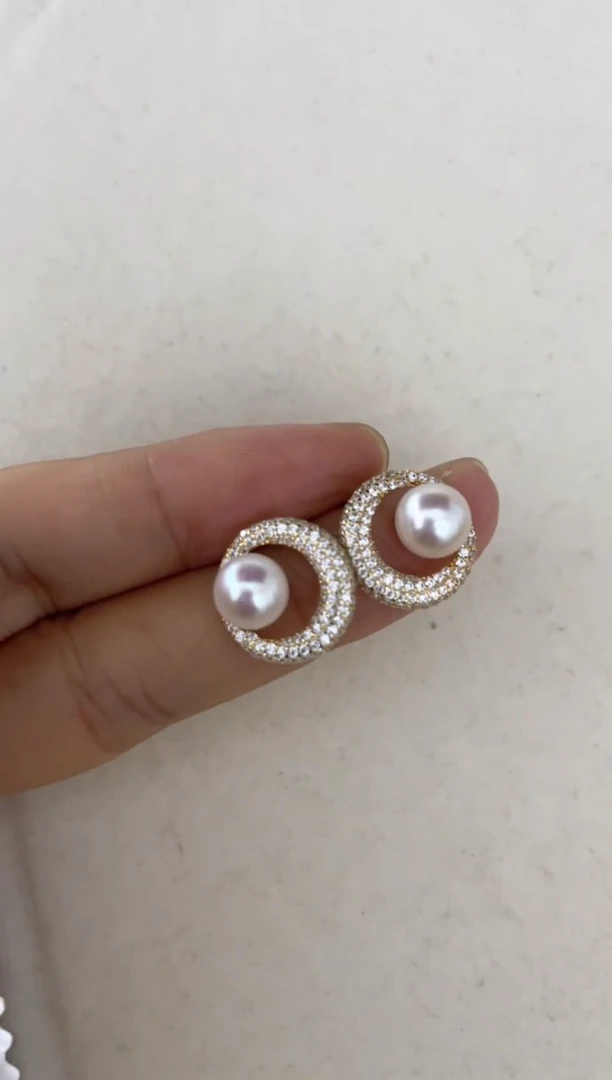 银S925镶嵌海水珍珠耳饰耳钉7-8