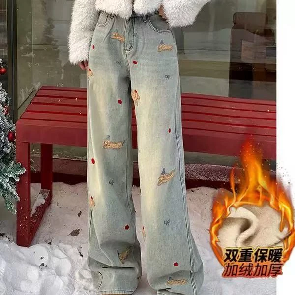 小狗刺绣加绒牛仔裤女2024冬季新款浅色保暖阔腿裤直筒休闲拖地裤