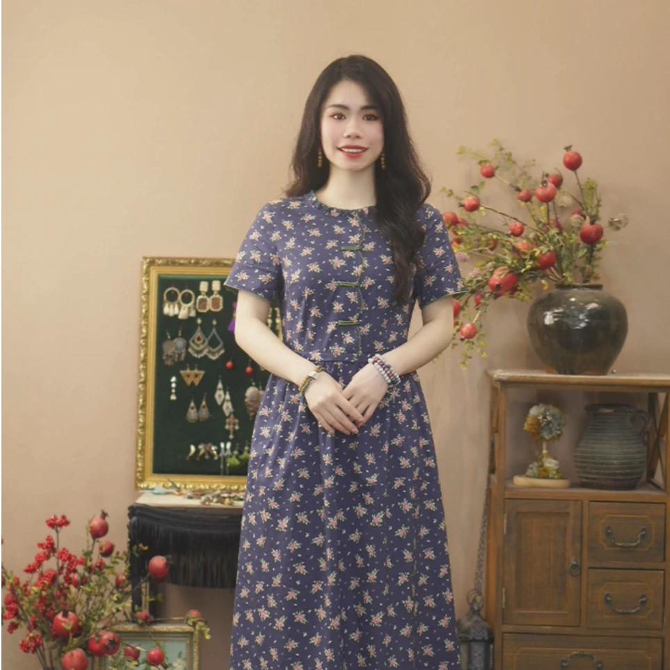 红裳碎花新中式优雅复古显瘦夏季连衣裙25L123